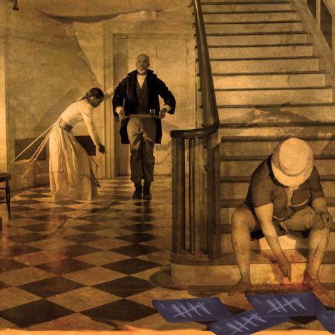a sepia-tone image of a scene in a grand hallway; a man sits on a staircase, a butler carries a tray, a woman leans onto the butler.