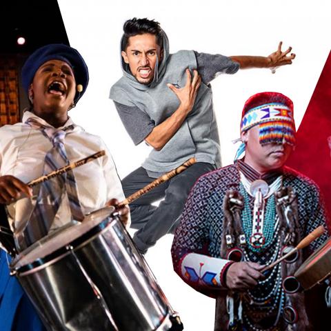 A collage of a Black drum line, a Latinx man in gray who is jumping in front of a white backdrop, and Indigenous folks performing in traditonal garb with red smoke behind them.