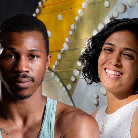 Collage of a young, Black man with a mustache and short hair and a brown woman with jaw length black hair.