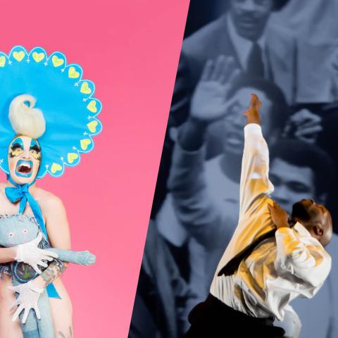 A collage of a white woman in baby femme drag and a Black man in a shirt and tie throwing his arm up in front of a black and white projection.