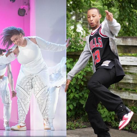 A collage of two images where the subjects bleed into each other: a Black man, in a Chicago Bulls jersey, dances in a driveway and a group of Black women, in white outfits, dance on a stage with a bright pink background.