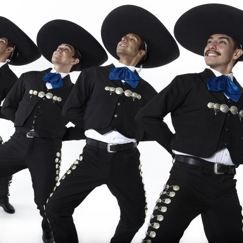 Five men in black mariachi outfits with blue ties lean back and smile in a line. 