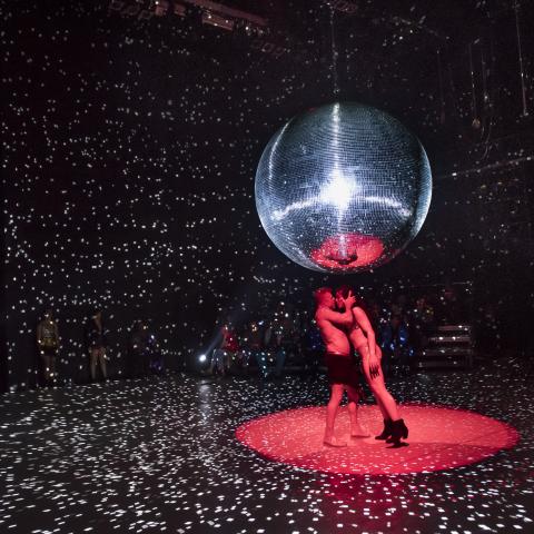 Two figures make out under a large disco ball.