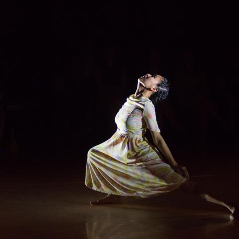 In a theater, A dancer in a dress extends her leg and leans back.