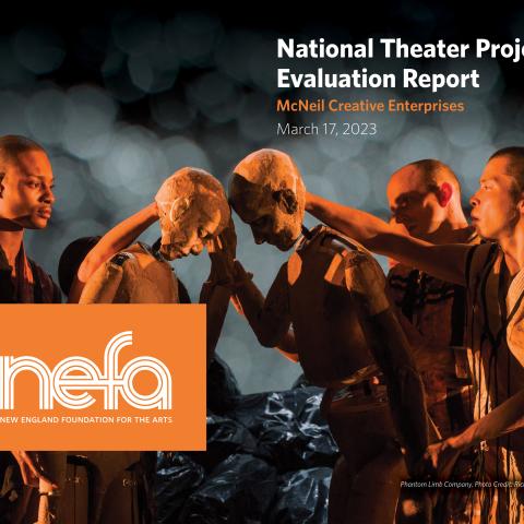 Cover of the National Theater Project evaluation. On a dark background, four puppeteers work two life size human figured puppets. The NEFA logo is on the bottom. with  