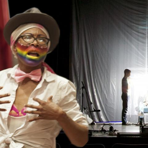 Collage: a woman of color with a rainbow painted across her face holds her hands up; three people stand in a bright spotlight that renders one of them invisible. 