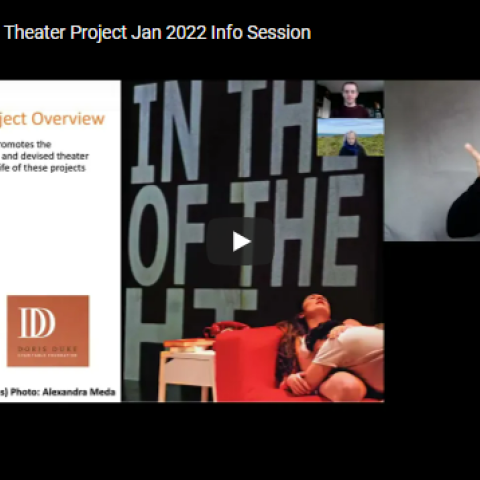 Screen shot of webinar with text on the left "National Theater Project Overview" and an image of an ASL interpreter on the right.