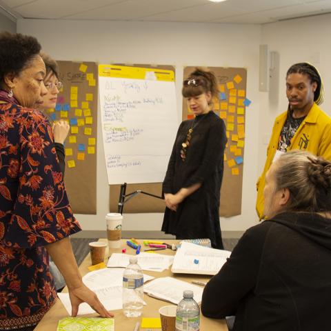 Six people sit and stand around a table. There are posters with stickies on them in the background.