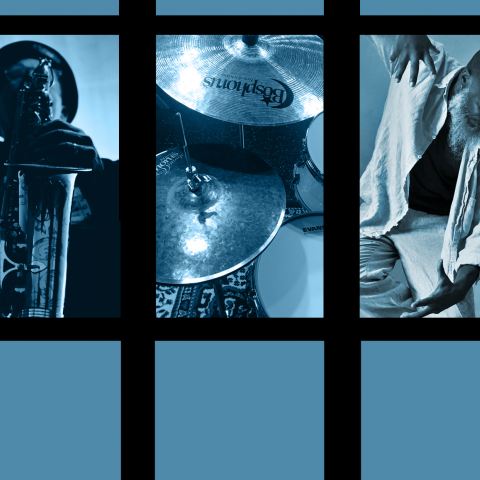 A collage of a saxophonist, drums, and Xavier holding his hands out in front of him like they're tethered together by an insvibile force.