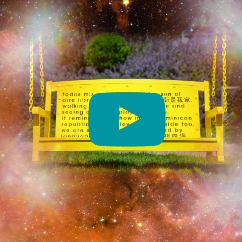 A teal play button over a yellow swing with carvings, in multiple languages, that floats in a red nebula.