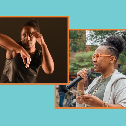 Collage of two Black women. One holds her arms up in front of her face and the other speaks, outside, into a microphone.