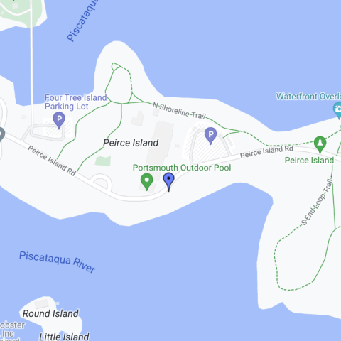 Google map of Peirce Island with a dropped pin in the center of the long island.