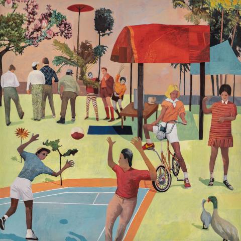 Painting of folks playing in a public park with trees and awnings and ducks.