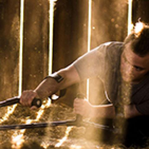 Toby dances with crutches on the ground with hay, in front of wooden slats. It may be inside a barn, with sun shining through the slats.