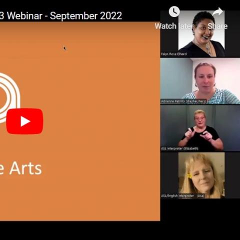 Screenshot of a webinar, with the NEFA logo, two presenters in squares to the right, and an ASL interpreter below them.