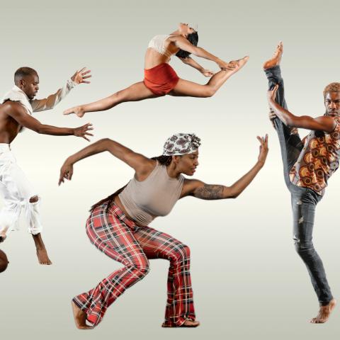 A composite of five black dancers in a white/gray orb.