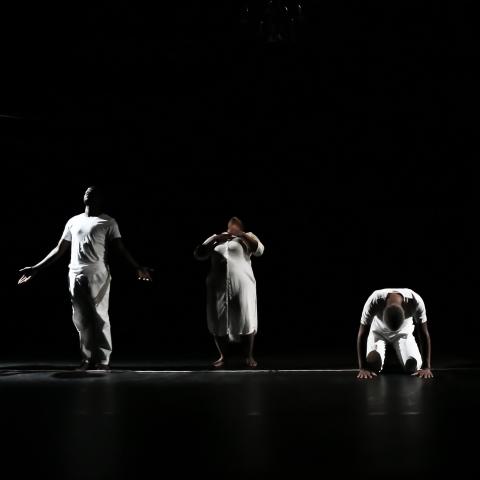 In front of a black backdrop, dancers in white stand in a line in various poses.