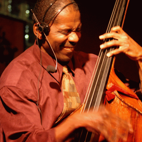 Jazz artist Avery Sharpe plays music on the standup bass. 