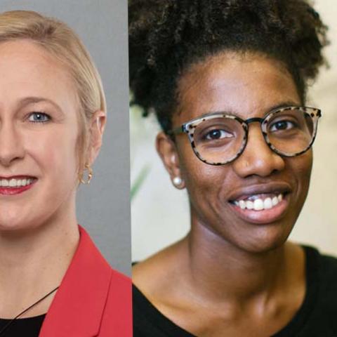 three women smile; one of them has a salmon blazer on, another glasses, and the third wears floral.