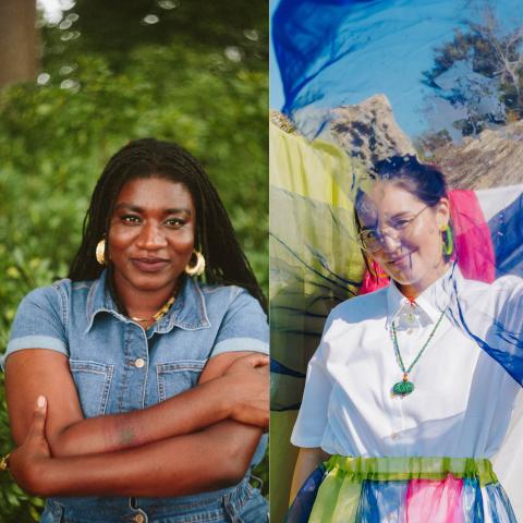 Collage of a Black woman with her arms crossed and a light-skin woman in the throws of bright fabric.