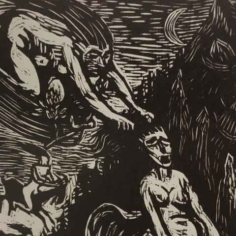 Etched image of a monstrous being pulls on the hair of another being.
