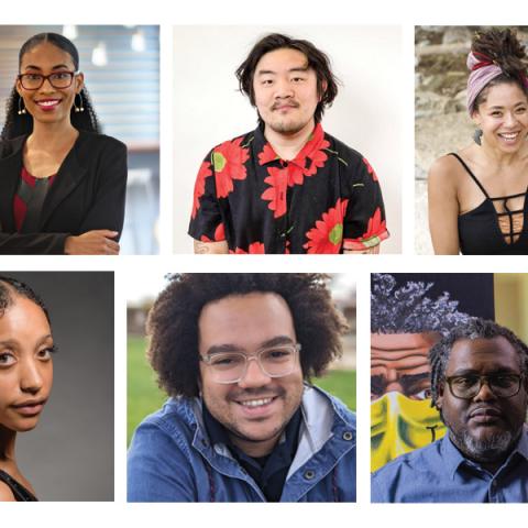 Six headshots collaged together of six folks of color. Some inside, some outside, some in studios, and some in their work spaces.