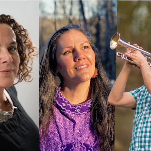 Three portraits: one lady with short curly hair, another with long gray/brown hair, and one man playing a brass instrument.