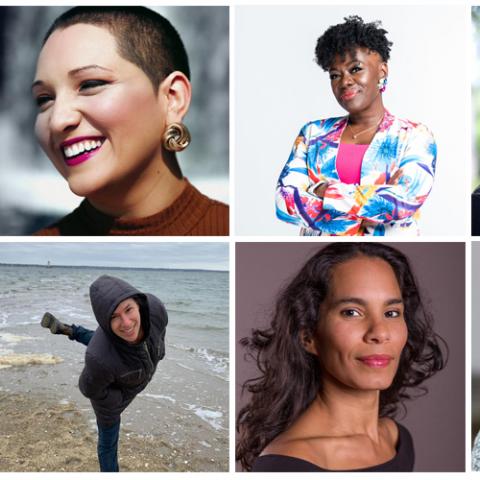 A collage of six womxn's headshots. Most of them smile, one does a dance move on a beach. 