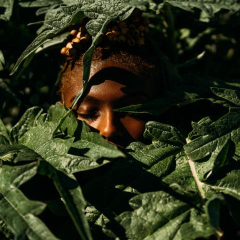 A Black person's eyes are closed. The rest of their face is covered by lush green leaves.